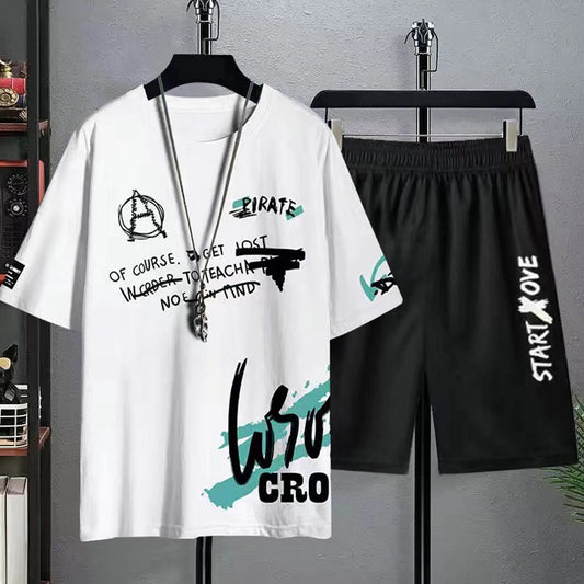 Casual Sportswear Mens Summer Two-Pieces Outfit Short Sleeve Round Neck Top And Shorts Two Piece Set Stylish Outfits Ropa Hombre