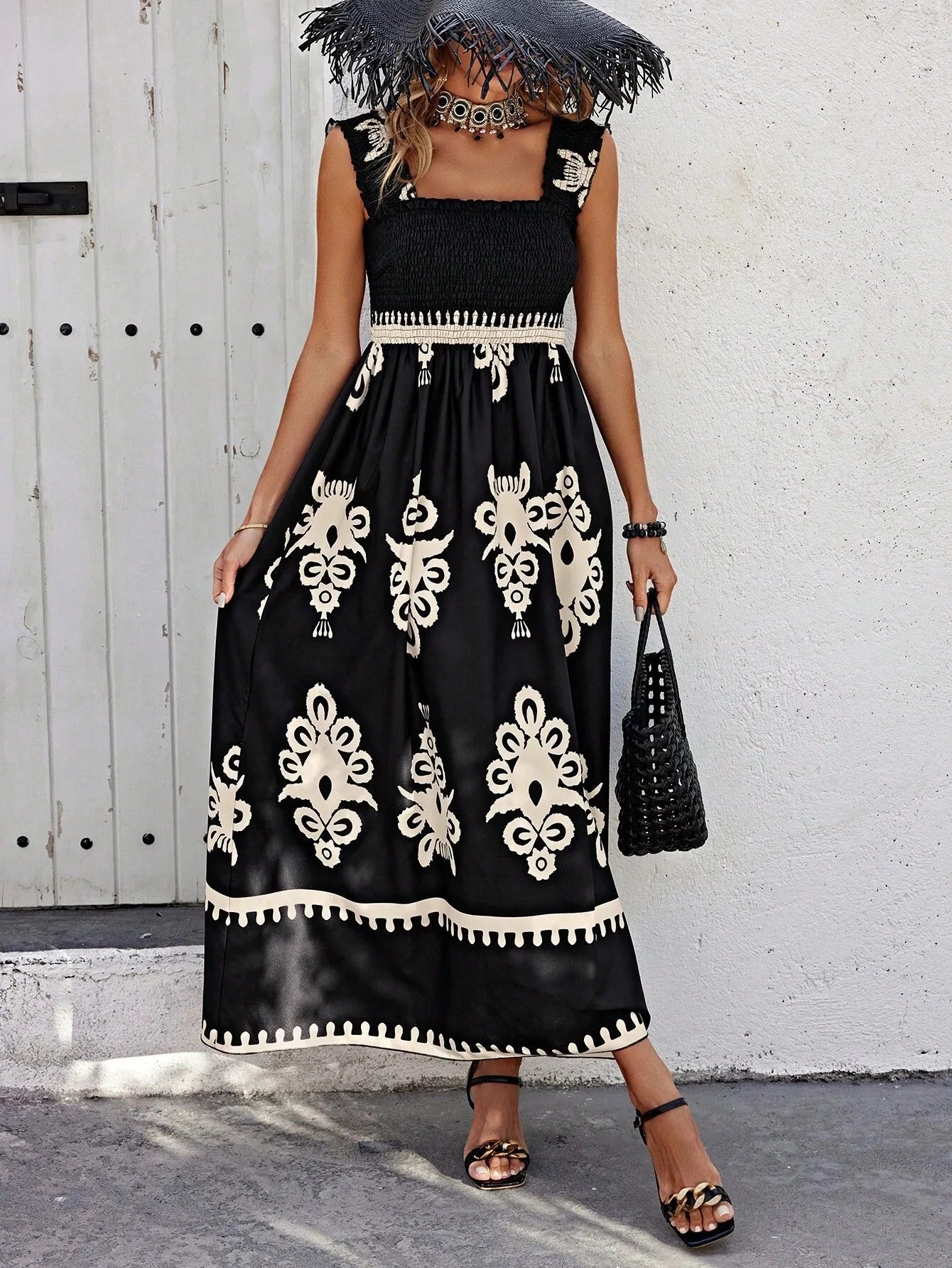 VEITCHE Summer Vacation Style Women Dress Fashionable Printed Sexy Sleeveless Strap Casual Comfortable Beach Long Sundress