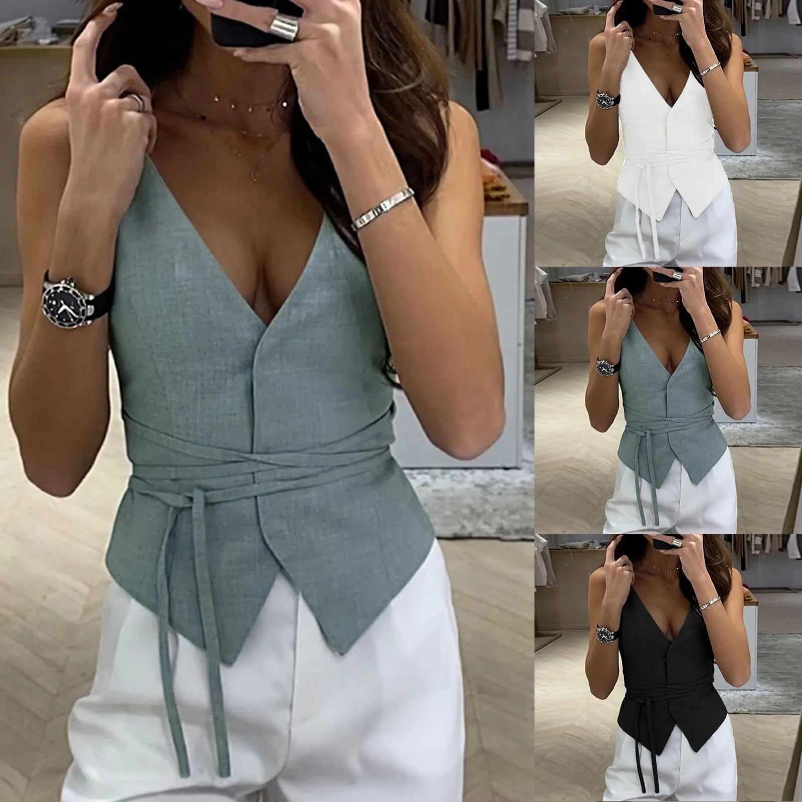 Women V-Neck Open Front Lace Up Tank Tops Sleeveless Slim Fit Casual Camisoles Office Lady Y2k Solid Cardigan Cropped Tops