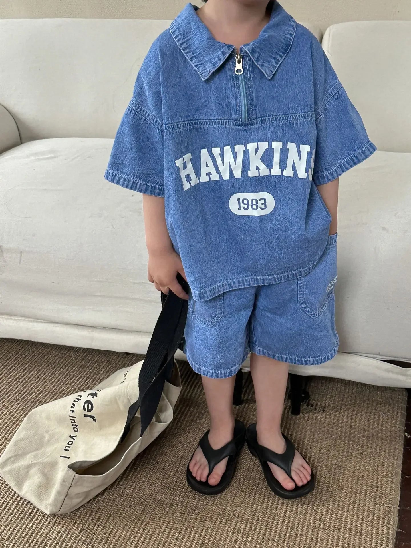 5816C Children's Clothing Set Denim Suit Summer Casual Boy's Denim Suit Letter Print Top+ Shorts Casual Two-piece Suit