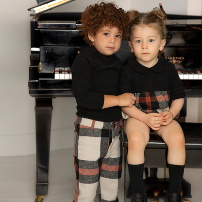 Ali-Plus family clothes set black cotton Mousse cashme plaid girl dress vest shirt black mock neck top plaid for autumn children