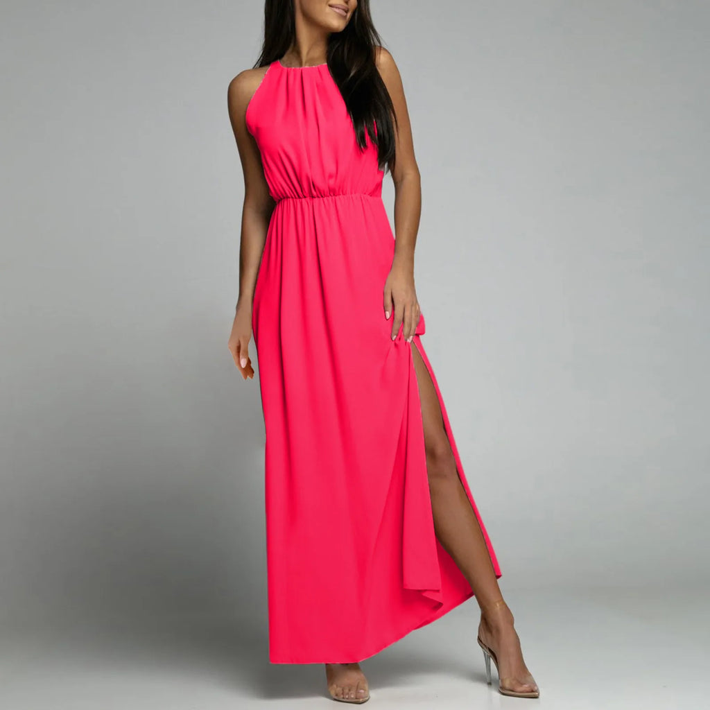 Women's Dressy Casual Long Dress Solid Color Sleeveless High Round Neck Side Slit Full-Length Dress Elegant Simple Party Dress