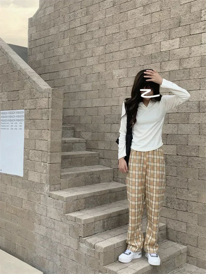 2025 Fashion Warm Plush Pants Cashmere Thick Plaid Ladies Winter Casual Loose Wide-legged Pants Korean Streetwear Students