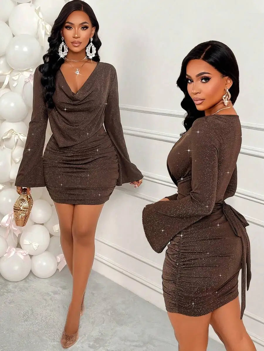 Sparkly Brown V-Neck Ruched Mini Dress with Flare Sleeves and Tie Waist