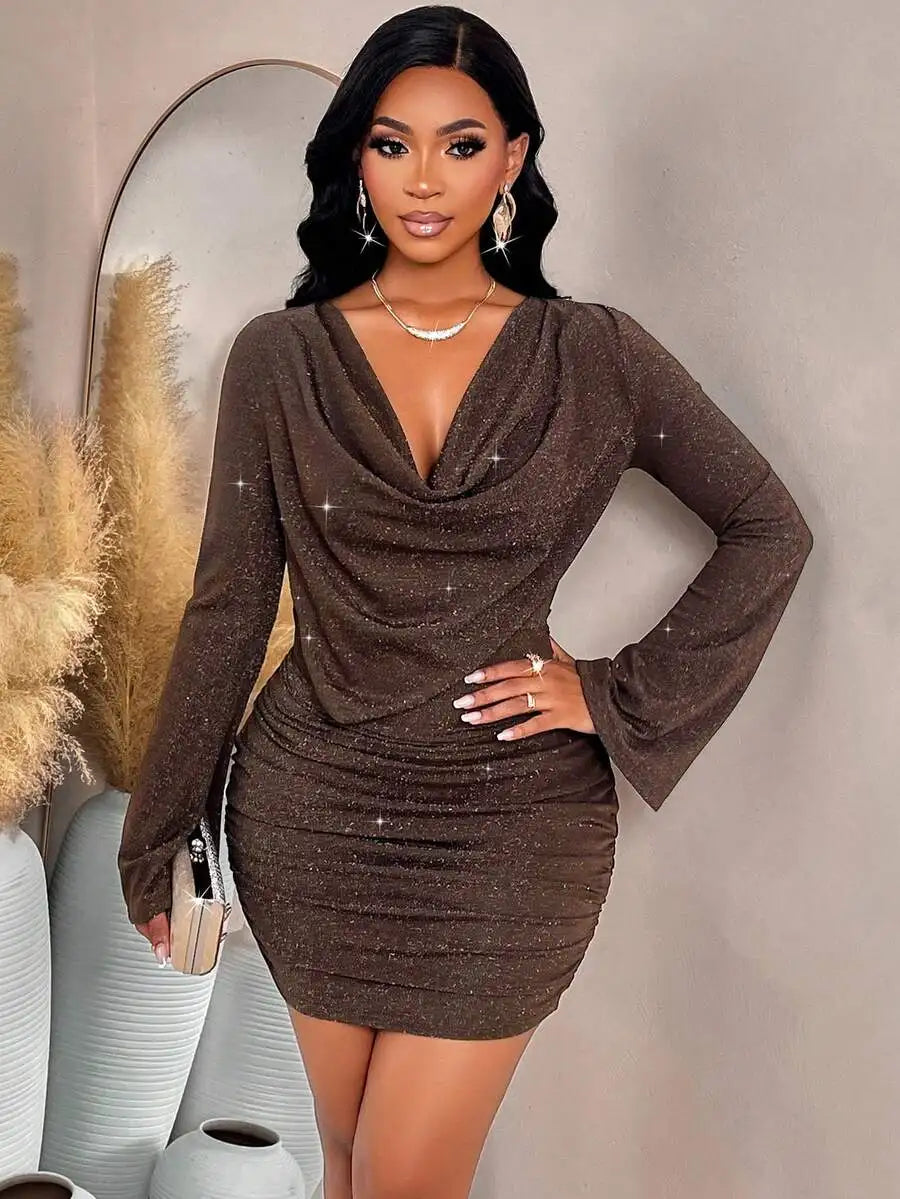 Sparkly Brown V-Neck Ruched Mini Dress with Flare Sleeves and Tie Waist