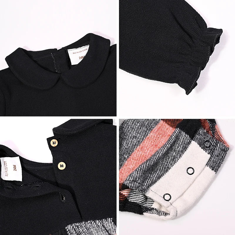 Ali-Plus family clothes set black cotton Mousse cashme plaid girl dress vest shirt black mock neck top plaid for autumn children