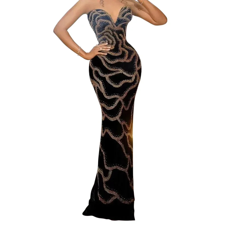 2024 Fall Floral Sequined Strapless Women Sleeveless Long Dress Sexy Birthday Party Evening Prom Maxi Dresses Vestidos