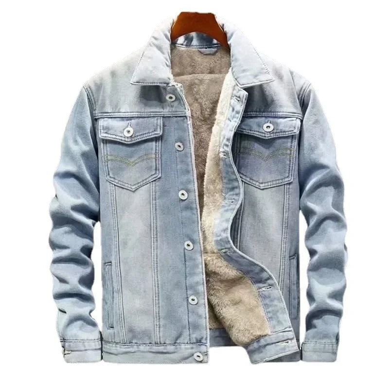 Thickened Fleece-Lined Denim Jacket Men's Loose Fit Warm Work Clothes Trendy Korean Style Versatile Plus Size Casual Wear