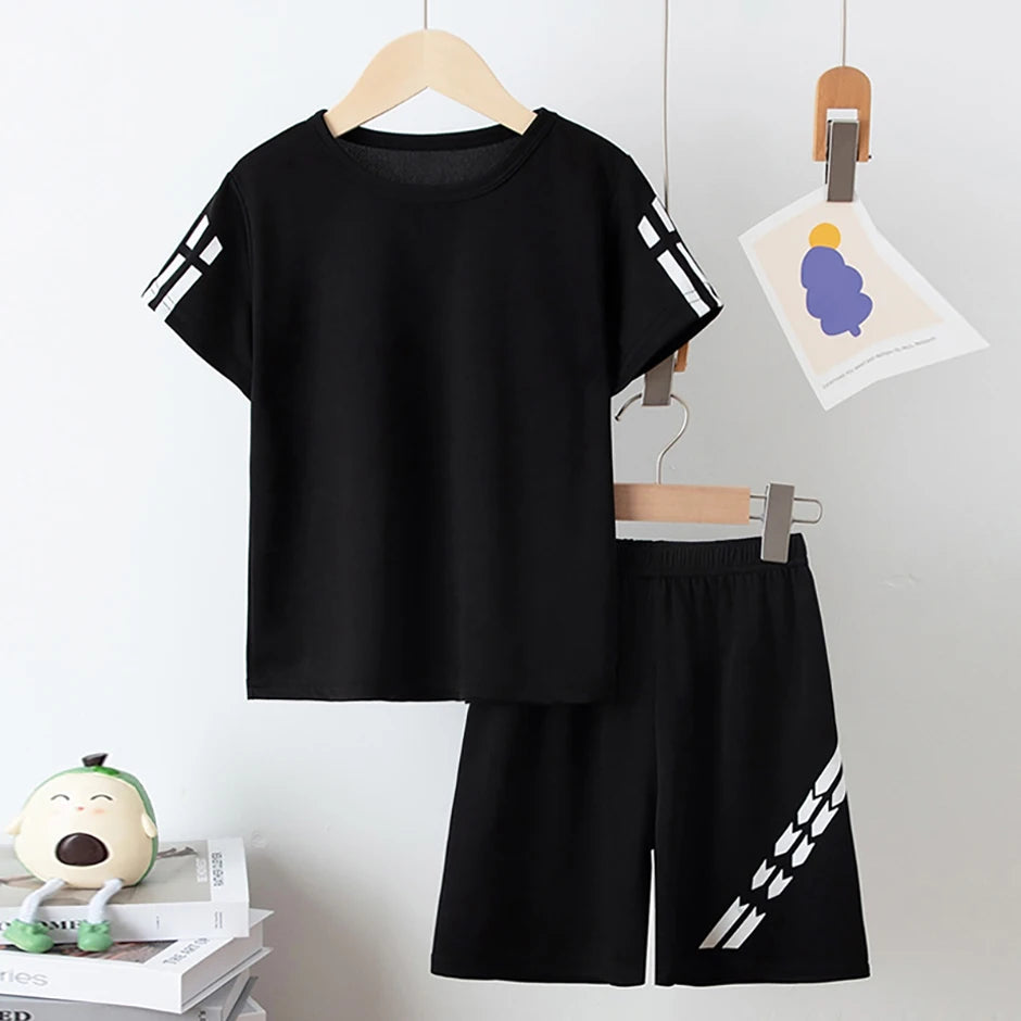 2 Pieces Children's Summer Solid Color Quick Drying Breathable Set Boys' Sports Running Is A Comfortable Top Girls' Loose Shorts