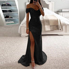 Women's Off Shoulder Prom Dresses Sexy Sequins Sleeveless Solid Floor Length Dress Elegant Bridesmaid Evening Dress Prom Gowns