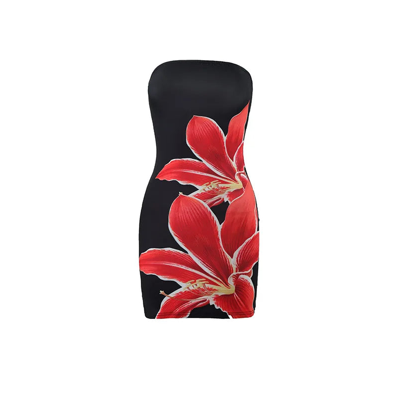 Sexy strapless floral print backless slim fit dress for women in summer 2025 comfortable and elegant beach vacation short skirt