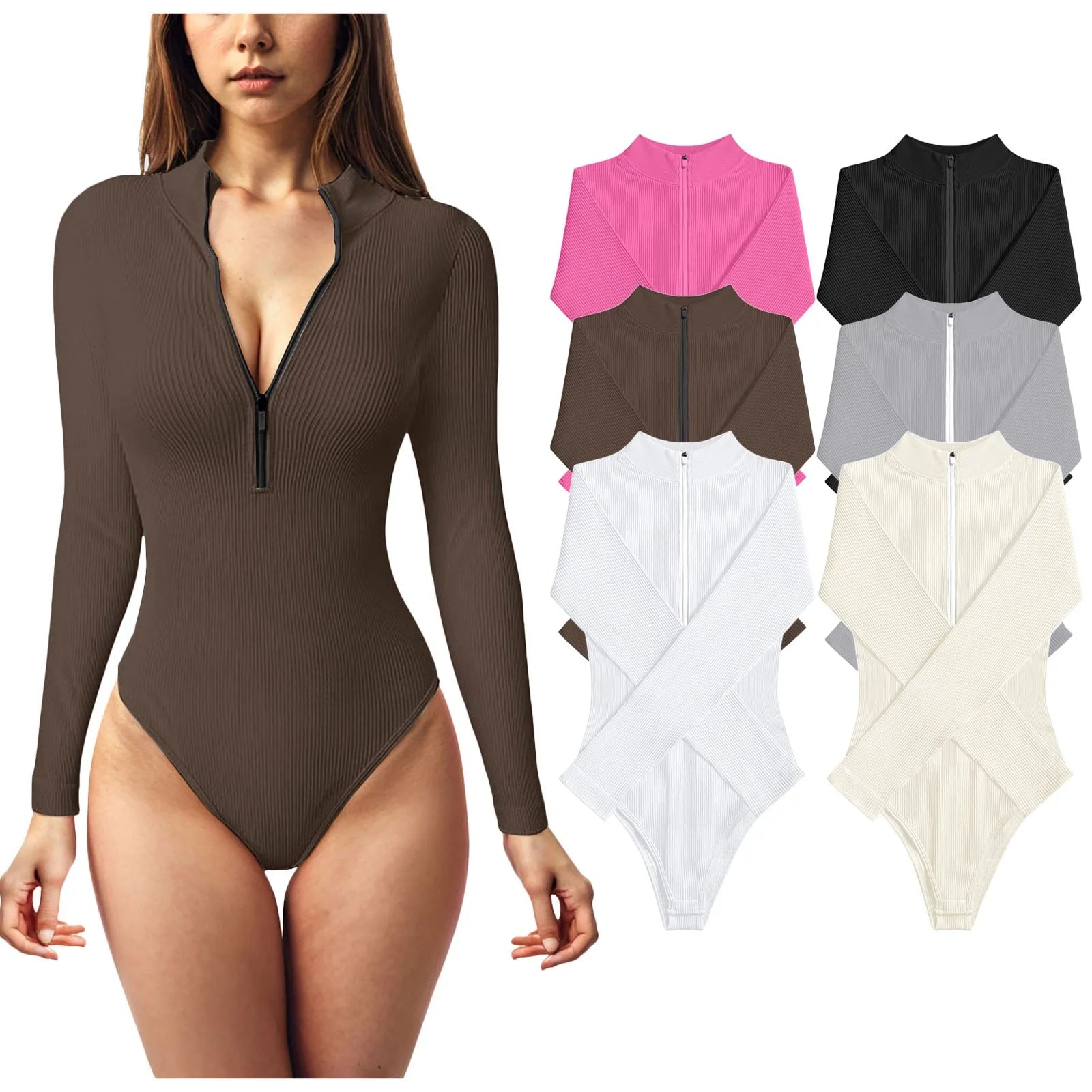 Women Ribbed One-Piece Bodysuits Half Zip Up Stand Collar Y2k Tops Bottoming Undershirts Slimming Long Sleeve Jumpsuits Tops