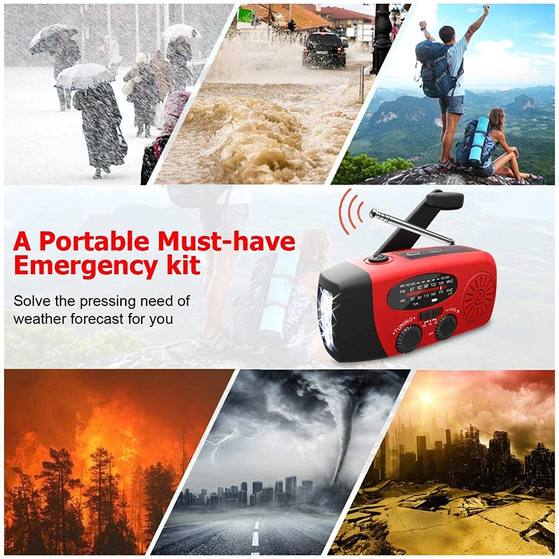 Multifunctional AM/FM/NOAA Portable Weather Radio Emergency Hand Crank Radio Power Bank Solar Charging with LED Flashlight