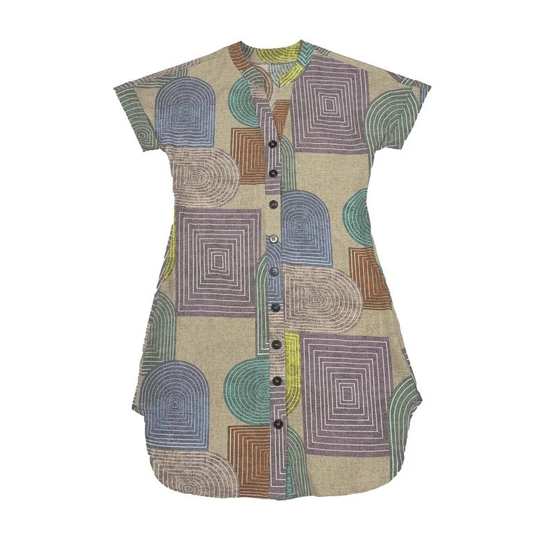 2025 European and American women's clothing foreign trade Amazon summer geometric printing elegant V-neck button up dress