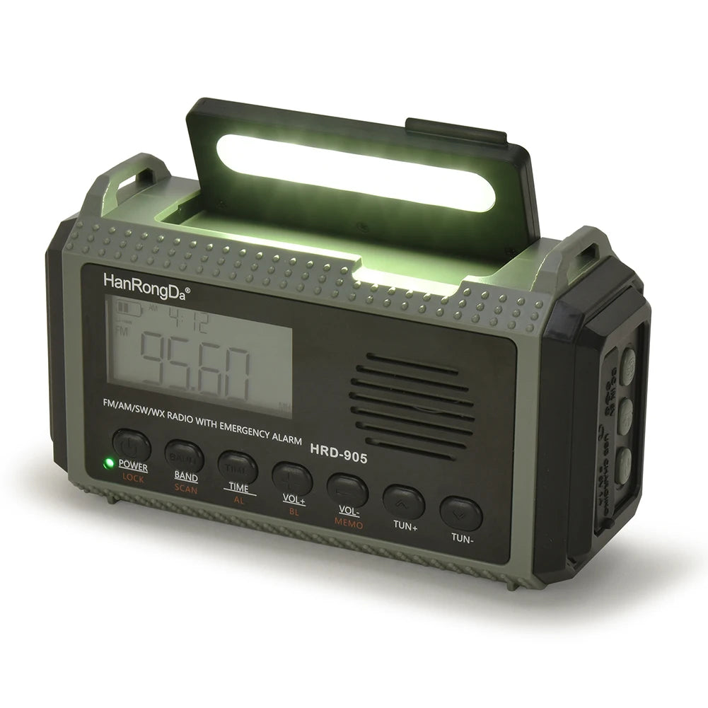 Small Rechargeable Portable Radio Solar Powered Emergency Power Bank survival with LED Flashlight USBC Charging Hand Crank Radio