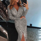 Top Selling  Dresses For Women 2024 Plus Size Deep V Sequins Wrap Ruched Long Sleeve Nightclub Dress Vestidos Para Mujer