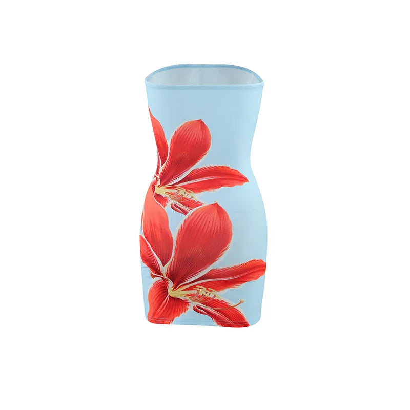 Sexy strapless floral print backless slim fit dress for women in summer 2025 comfortable and elegant beach vacation short skirt