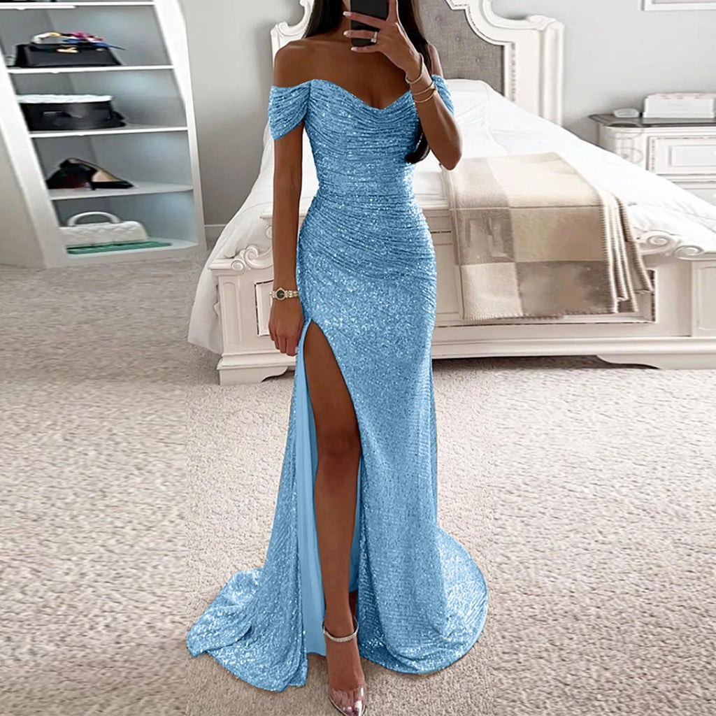 Women's Off Shoulder Prom Dresses Sexy Sequins Sleeveless Solid Floor Length Dress Elegant Bridesmaid Evening Dress Prom Gowns