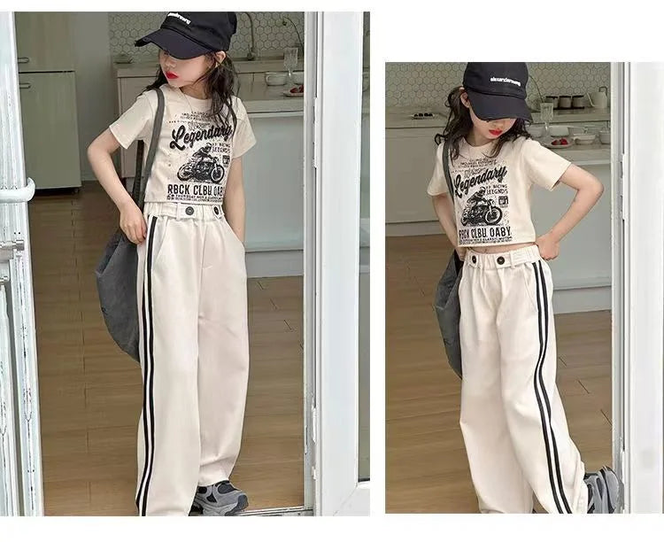 Girls' summer casual suit, new children's fashionable T-shirt, casual pants, summer dress, foreign short-sleeved two-piece set,