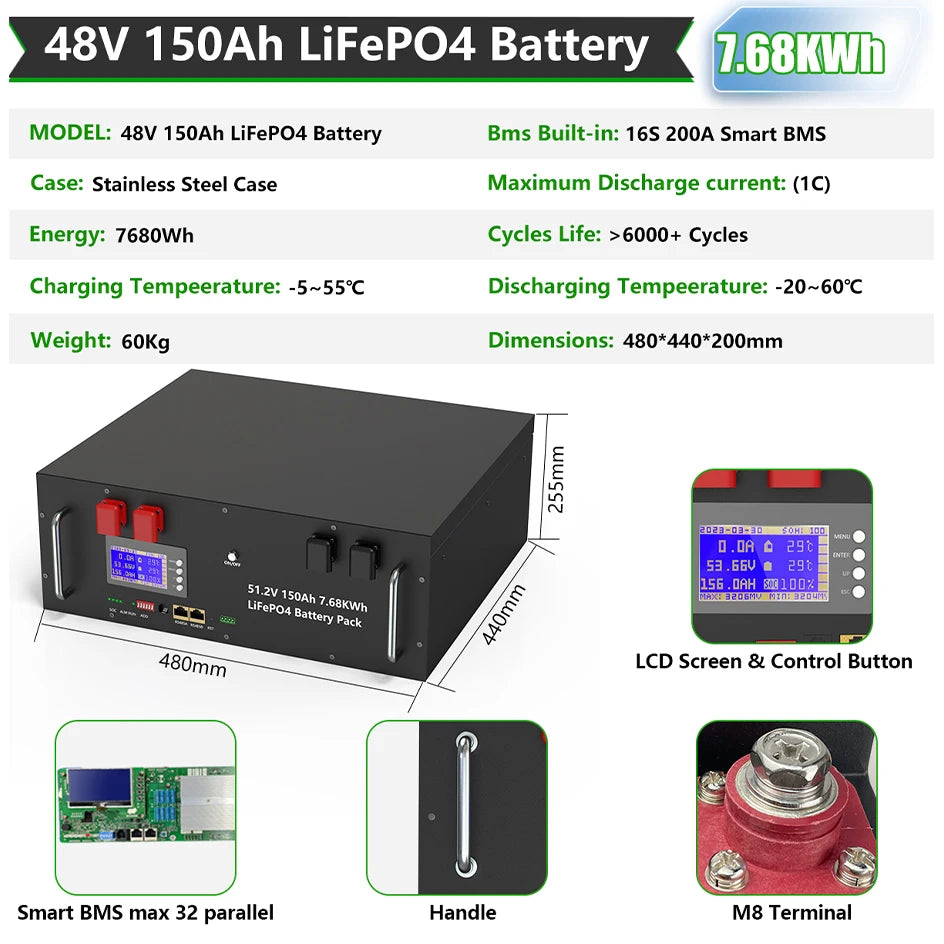 LiFePO4 48V 300Ah 15Kwh Battery 51.2V 100Ah 200Ah 120Ah 150Ah Lithium battery 6000 Cycles 48V Solar Energy Storage Akku EU STOCK