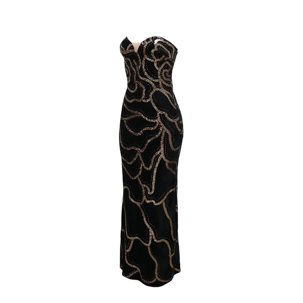 2024 Fall Floral Sequined Strapless Women Sleeveless Long Dress Sexy Birthday Party Evening Prom Maxi Dresses Vestidos