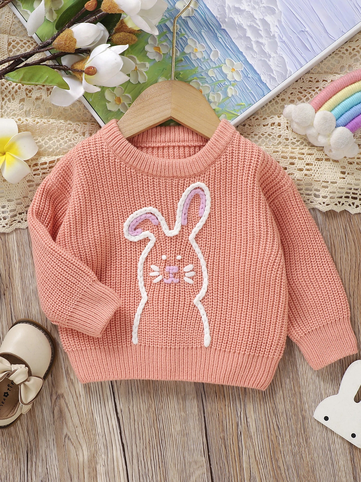 Adorable Infant Easter Jumper with Cute Bunny Design Soft Long Sleeve Crew Neck Knit Pullover for Baby Boy or Girl