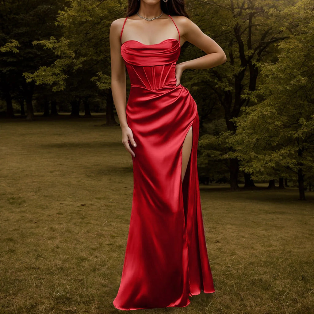 Green Women's Dress Lace Up Backless High Slit Corset Maxi Dress Elegant Vestidos Slim Fishbone Formal Dresses For Wedding Guest