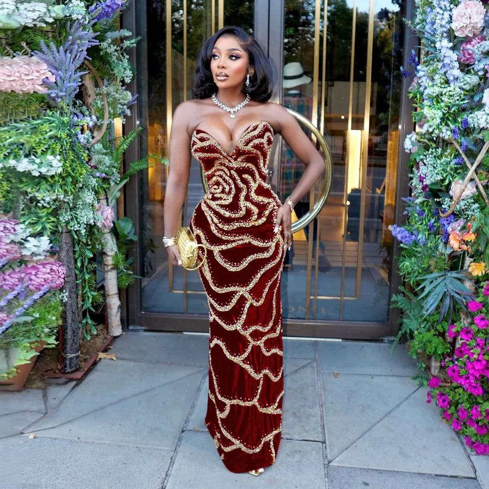 2024 Fall Floral Sequined Strapless Women Sleeveless Long Dress Sexy Birthday Party Evening Prom Maxi Dresses Vestidos