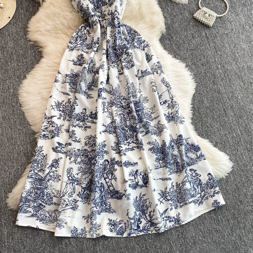 2025 New Summer Pink/Purple Flower Print Romantic Retro Party Dress Elastic High Waist Vacation Long Dress Beach Vestido