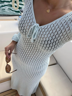 Women s Long  Fit Dress Long Sleeve V Neck Tie Up Knitted Crochet Beach Dresses