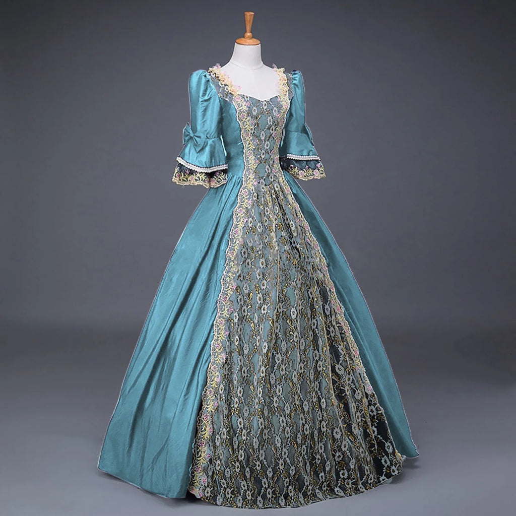 18th Century Medieval Dress Women High Waist Half Sleeve Ball Gown Princess Lace Patchwork Satin Dress Queen Renaissance Costume