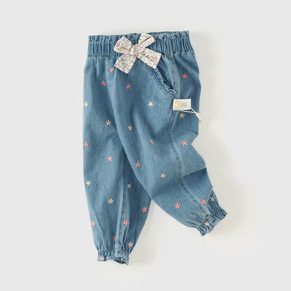 Dave Bella Girl's Embroidery Jeans Denim Pants Elastic Flower Band Spring Autumn Trousers Children's Casual Jeans DB3242342
