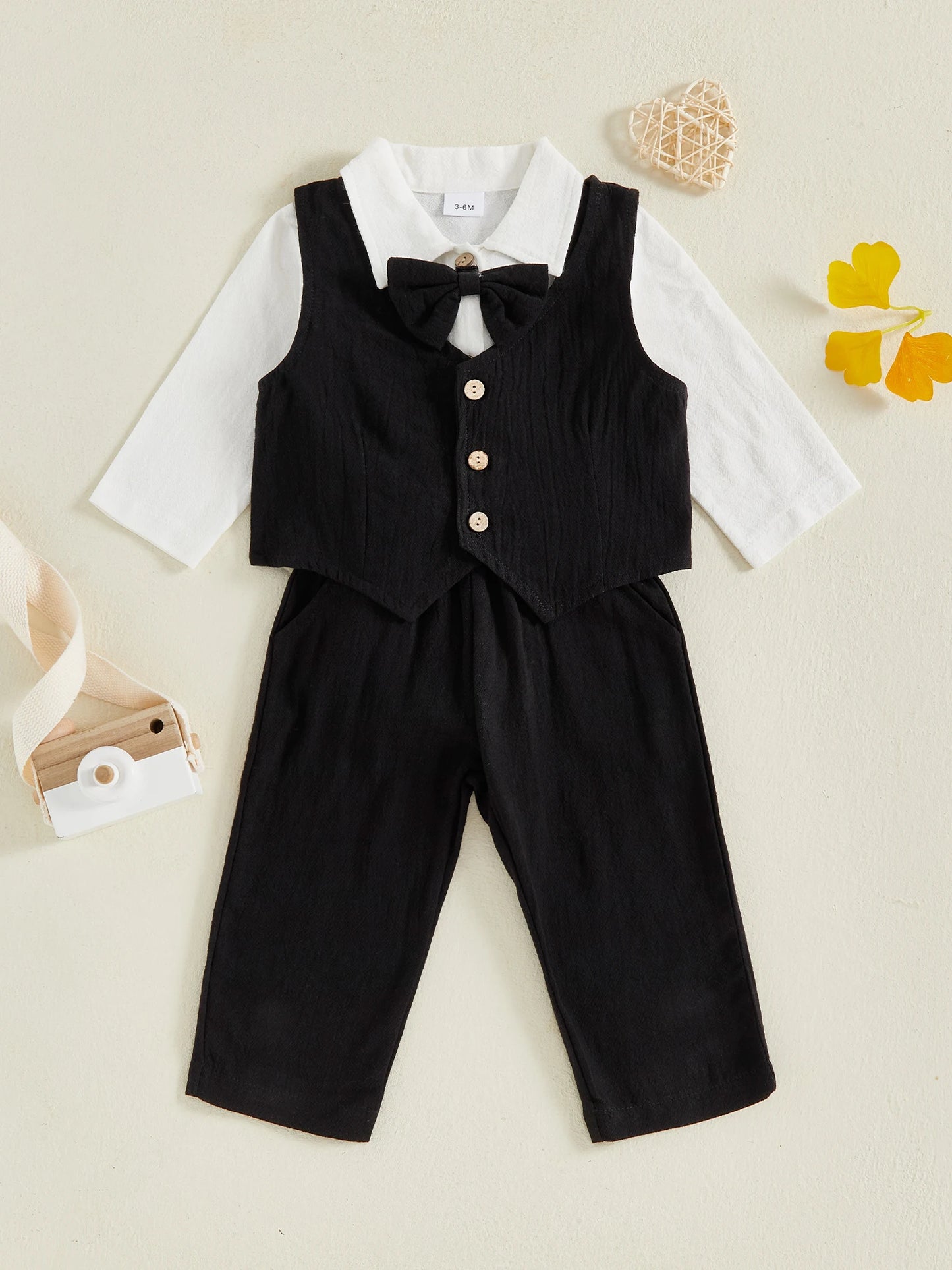 Toddler Boys Winter 4Pcs Outfit Set Long Sleeve Lapel Button Shirt Vest Suspender Pants Bowtie Sets Warm Clothes