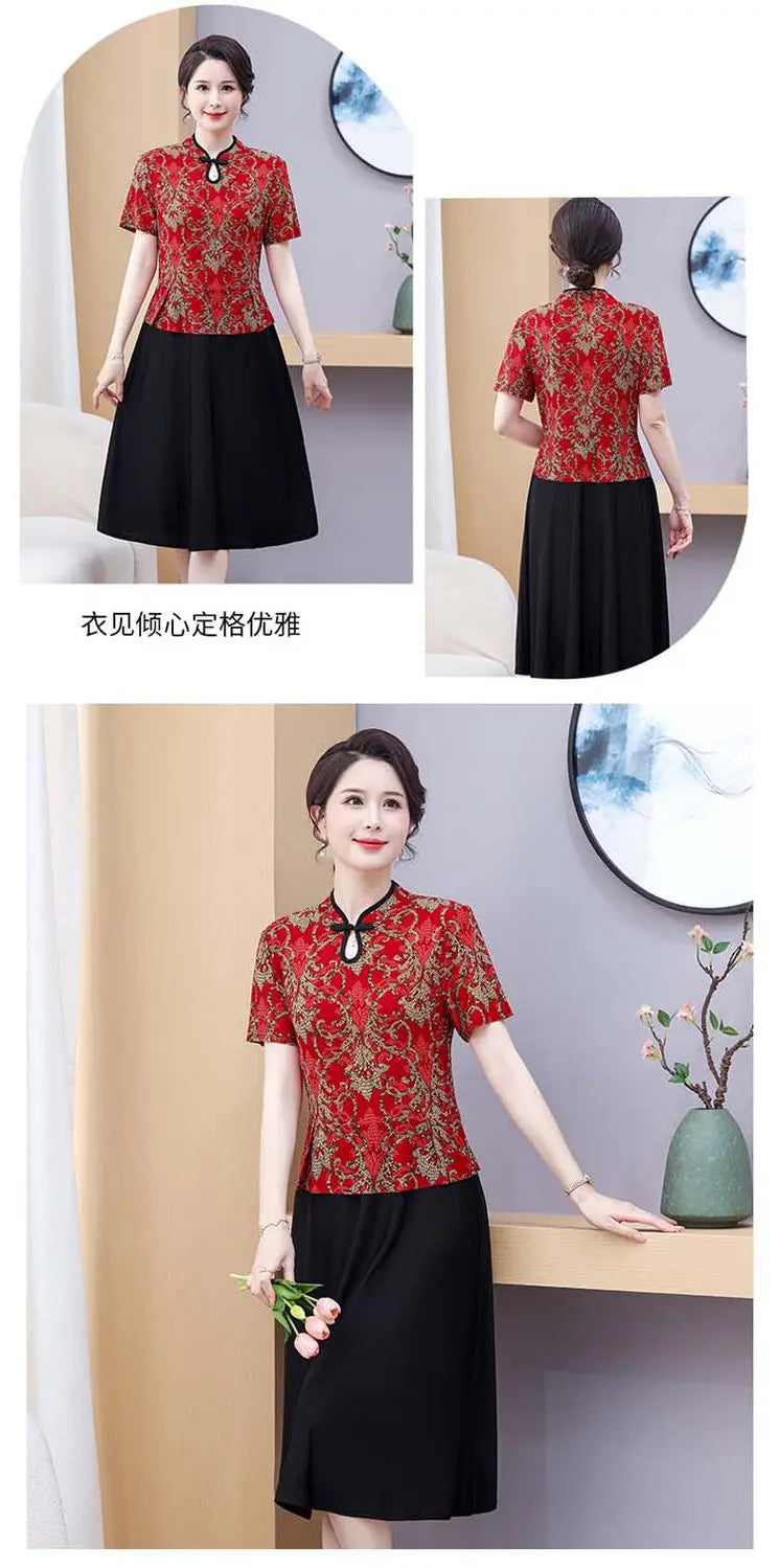 Mom's Summer New Style Cheongsam Elegant and Slimming Middle-aged Women's Wear Fake Two-piece Dress