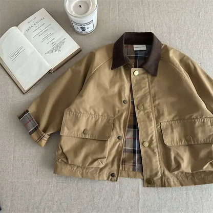 2025  Spring Autumn Kids Boys Jacket Plaid Spliced Pocket Long Sleeve Toddler Boys Outerwears Coat Children Boys Jacket