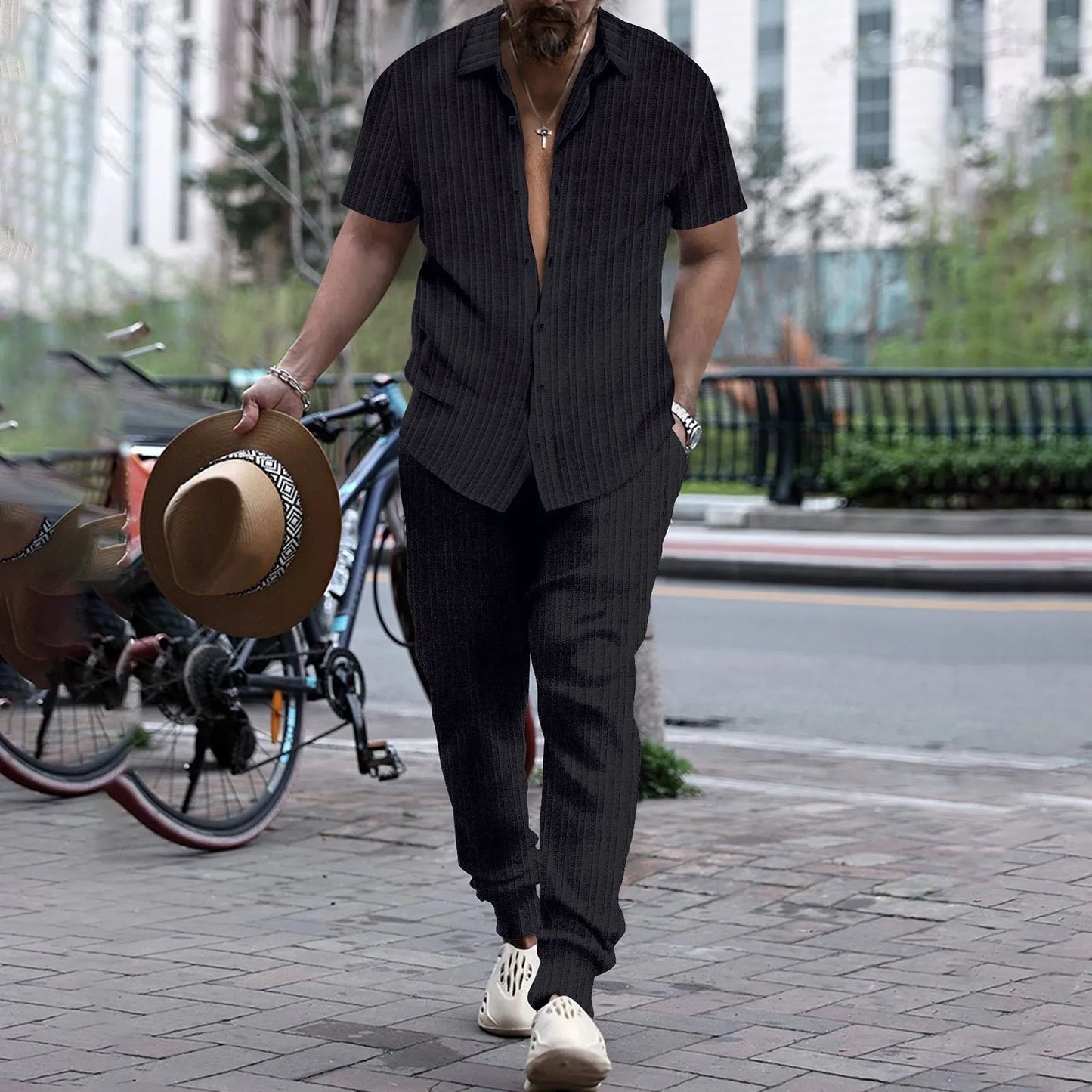 Mens Shirt Casual Short Sleeve Cardigan Blouse Top Pants Beach Suit Summer Two Piece Set Fashion Clothing For Man Ropa Hombre