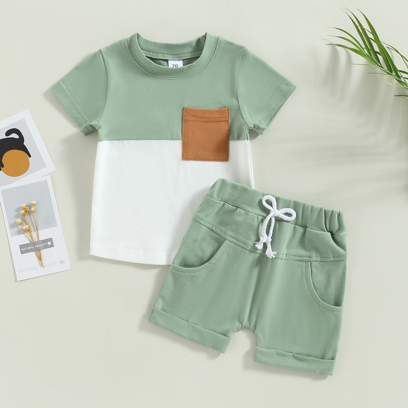 2023-02-01 Lioraitiin 0-3Years Toddler Boys 2Pcs Summer Outfit Sets Short Sleeve Contrast Color Tops Solid Drawstring Shorts