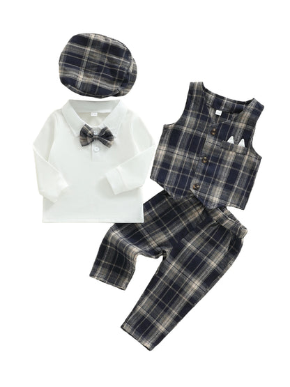 4Pcs Baby Boy Formal Wear Set with Long Sleeve Lapel Neck Shirt Plaid Button Down Vest Pants and Hat - Gentleman Outfit with