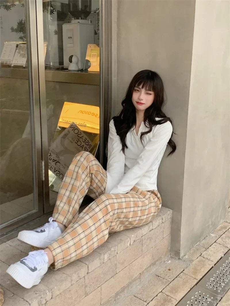 2025 Fashion Warm Plush Pants Cashmere Thick Plaid Ladies Winter Casual Loose Wide-legged Pants Korean Streetwear Students