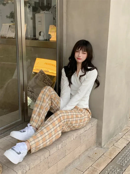 2025 Fashion Warm Plush Pants Cashmere Thick Plaid Ladies Winter Casual Loose Wide-legged Pants Korean Streetwear Students