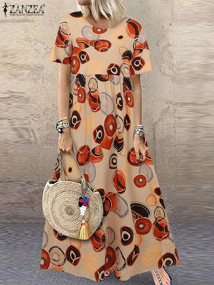 ZANZEA Short Sleeve Printing Maxi Dresses Casual Vacation Woman Bohemian A-line Robes Femme 2025 Summer Loose O-Neck Long Dress