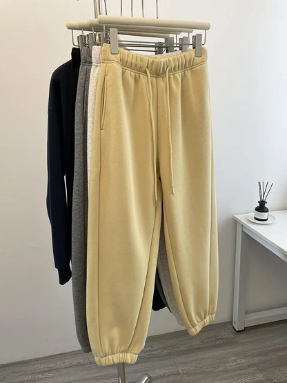 High Waist Thickened Lamb Velvet Drawstring Sweatpants Women Loose Casual Sports Warm Long Trousers Commute Style Cotton