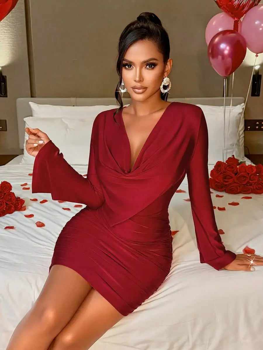 Sparkly Brown V-Neck Ruched Mini Dress with Flare Sleeves and Tie Waist