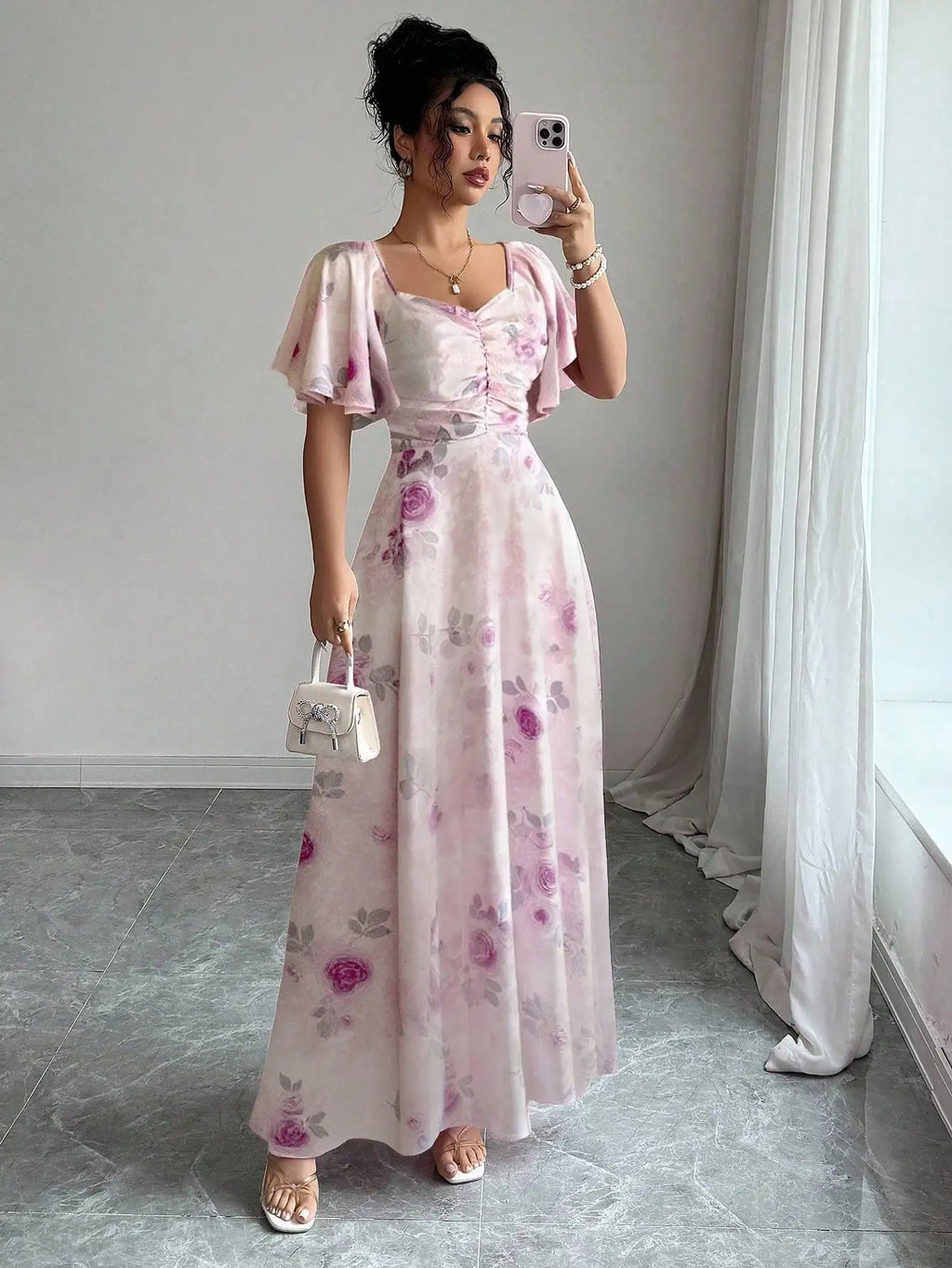 Pink Butterfly Print Chiffon Maxi Dress with Ruched Bodice and Batwing Sleeves for Summer