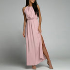 Women's Dressy Casual Long Dress Solid Color Sleeveless High Round Neck Side Slit Full-Length Dress Elegant Simple Party Dress