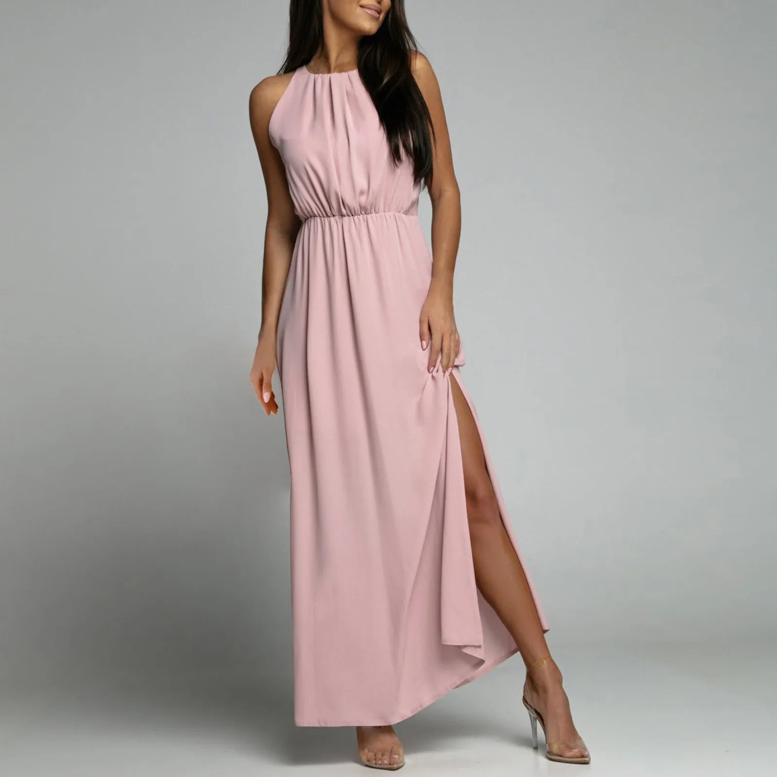 Women's Dressy Casual Long Dress Solid Color Sleeveless High Round Neck Side Slit Full-Length Dress Elegant Simple Party Dress