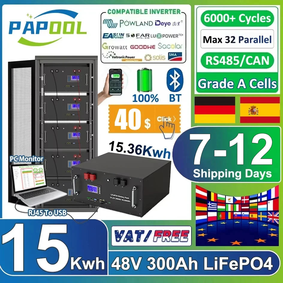LiFePO4 48V 300Ah 15Kwh Battery 51.2V 100Ah 200Ah 120Ah 150Ah Lithium battery 6000 Cycles 48V Solar Energy Storage Akku EU STOCK