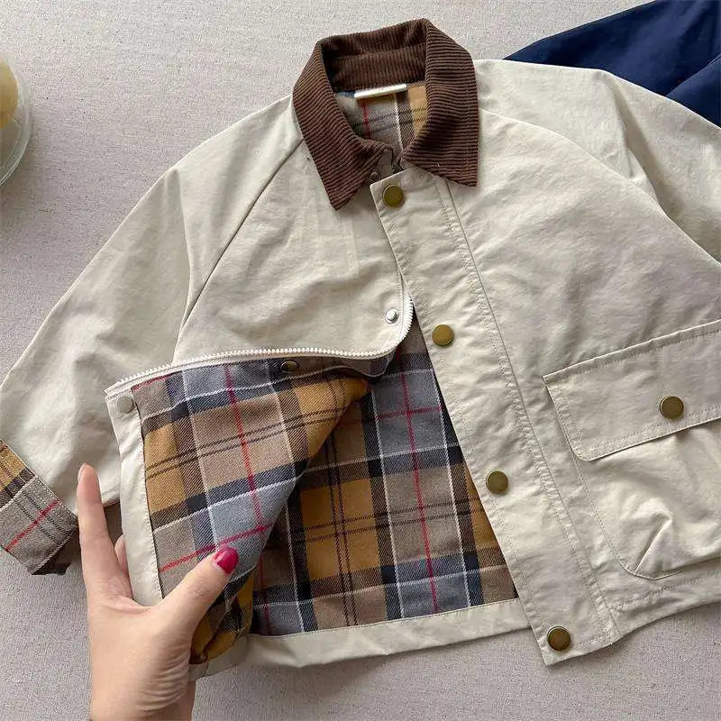 2025  Spring Autumn Kids Boys Jacket Plaid Spliced Pocket Long Sleeve Toddler Boys Outerwears Coat Children Boys Jacket