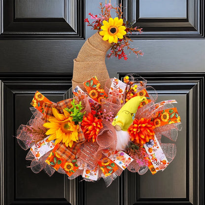 Hat Patterned Thanksgiving Halloween Autumn Mesh Doll Wreath Door Hanging Simulation Sunflower Decoration Prop