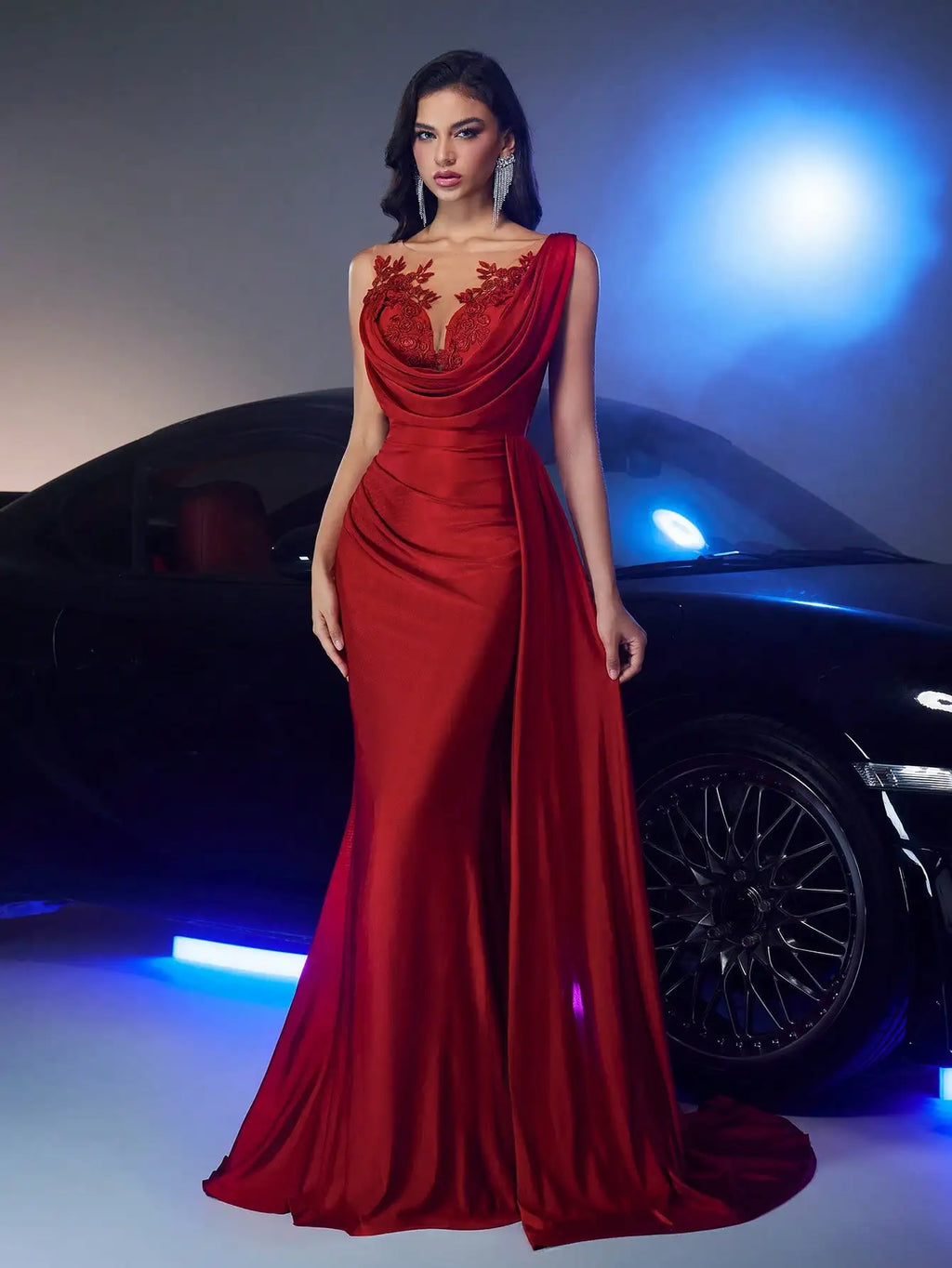 Burgundy Red Evening Dress with Floral Lace Applique and Draped Asymmetrical Hem